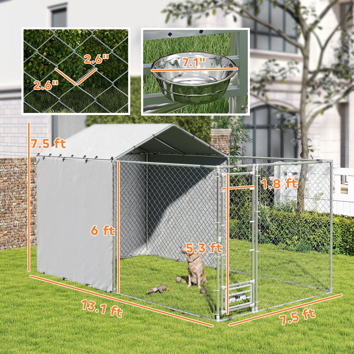 Galvanized Chain Link Large Outdoor Dog Kennel with Waterproof & UV-Resistant Cover, for M&L Dogs, 13.1 x 7.5 x 7.5