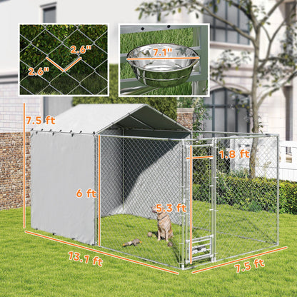 Galvanized Chain Link Large Outdoor Dog Kennel with Waterproof & UV-Resistant Cover, for M&L Dogs, 13.1 x 7.5 x 7.5