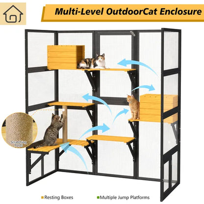 Cat Catio Outdoor Cat Enclosure For Multiple Indoor Outdoor Cats, Large Wooden Walk-in Cat House With Window Connection , 2 Condos, 5 Platforms, 4 Doors, And Weatherproof Roof Cover