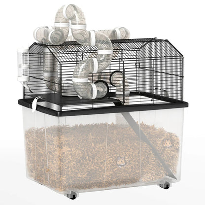 2 Tier Hamster Cage With 12 Deep Tray, Tube System, Water Bottle, Ramp, Feeding Bowl, Black