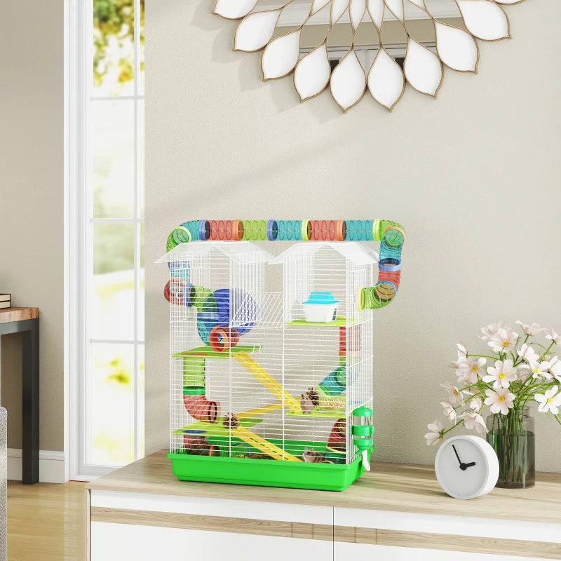 PawHut 5 Tier Hamster Cage With Tubes And Tunnels, Small Animal Cage, Rat Gerbil Cage With Water Bottle, Food Dish, Exercise Wheel, Green