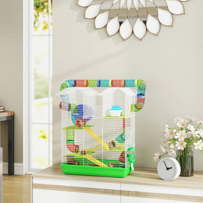 PawHut 5 Tier Hamster Cage With Tubes And Tunnels, Small Animal Cage, Rat Gerbil Cage With Water Bottle, Food Dish, Exercise Wheel, Green