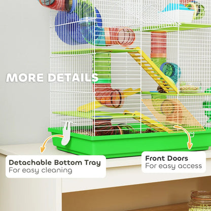 PawHut 5 Tier Hamster Cage With Tubes And Tunnels, Small Animal Cage, Rat Gerbil Cage With Water Bottle, Food Dish, Exercise Wheel, Green