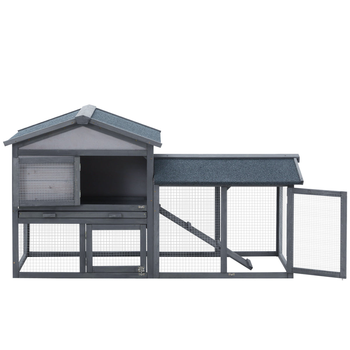 Outdoor Rabbit Hutch Wooden Bunny Cage Guinea Pig House With Run Area Removable Tray Asphalt Roof Lockable Doors Ramp Gray