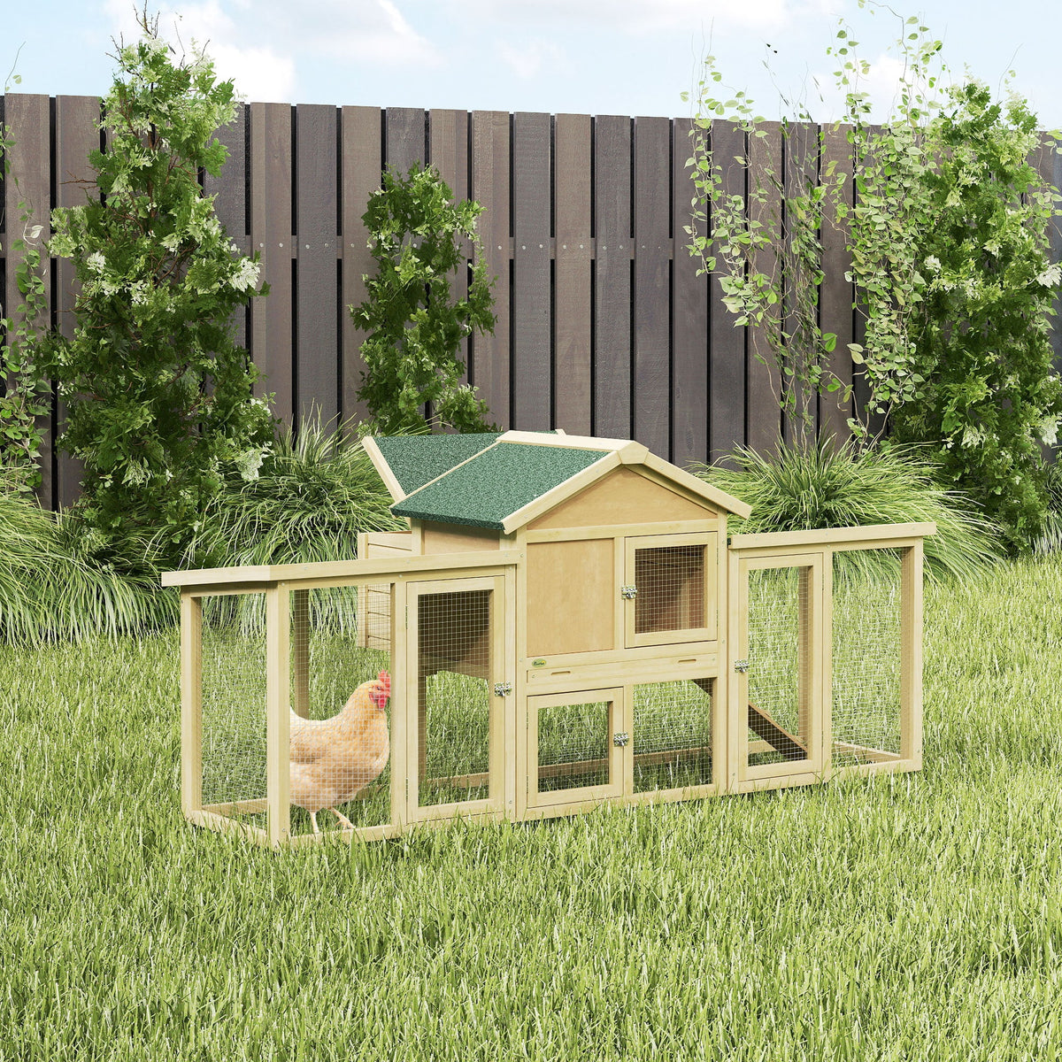 Wooden Chicken Coop ith Nesting Box, Double Runs, Removable Tray, Ramp, for Garden Backyard