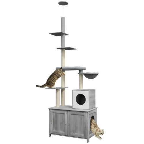 PawHut Cat Tree With Litter Box Enclosure, 2 In 1 Floor To Ceiling Cat Tower Litter Box Furniture With Condo, Bed, Hammock, Scratching Posts, And Platforms For Indoor Use, Gray