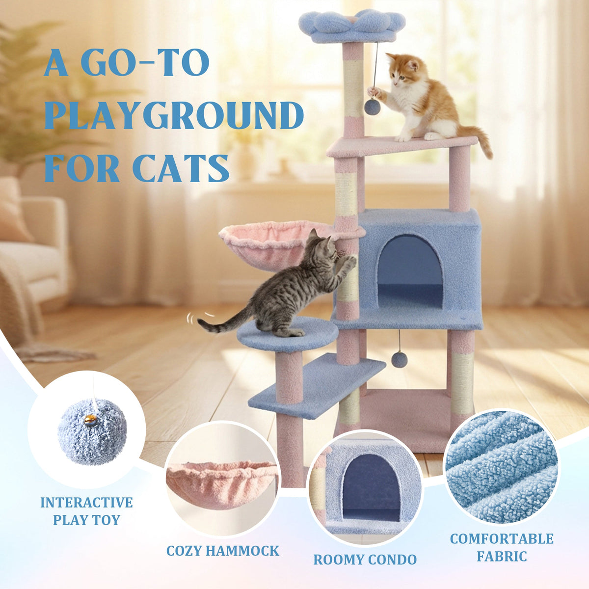 flower cat tree with large condo removable flower cushion and hammock blue