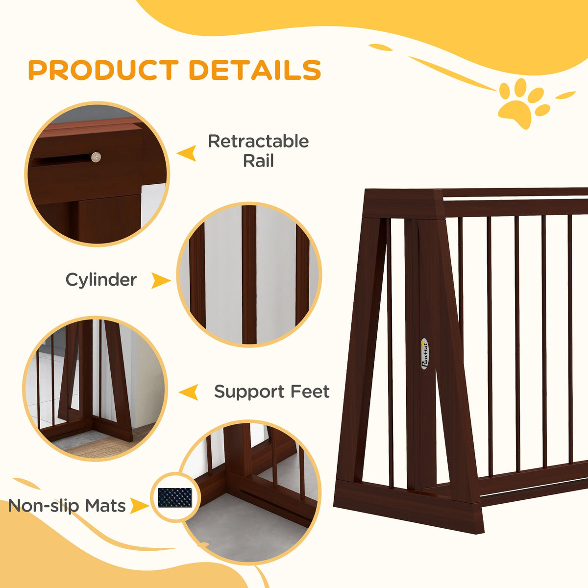 28"-75" Freestanding Wooden Pet Gate with Support Feet & Non-Slip Mats for Indoor, Stairway, Doorway, Brown