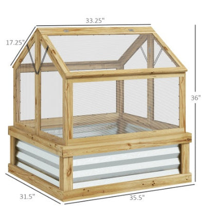 Outsunny Raised Garden Bed With Polycarbonate Greenhouse, Garden Wooden Cold Frame Greenhouse Flower Planter Protection, Peak Roof, 35.5x 31.5 X 36, Natural