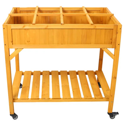 Elevated 8 Pocket Herb Garden Bed, Mobile Raised Customizable Wood Planter For Herbs, Vegetables, Flowers W/ Lockable Wheels, Storage Shelf, Drainage Holes