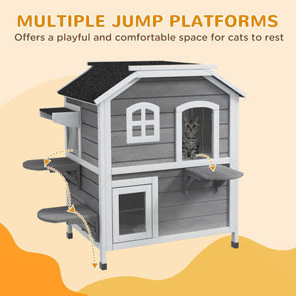2-story Cat House Outdoor, Weatherproof Wooden Cat Enclosure for Feral Cats with Escape Door, Openable Roof, Jumping Platforms, Gray