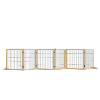 PawHut Wooden Pet Gate, 6-Panel Folding Dog Safety Barrier With Support Feet For Small & Medium Dogs, Natural Wood