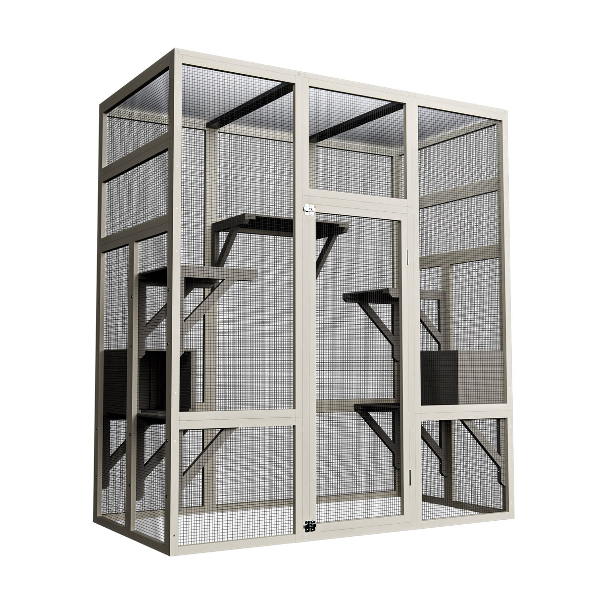 62.6" Gray Outdoor Wooden Cat House Large Catio, Solid Wood Cat Cage Shelter Enclosure Playpen with Anti-UV& Waterproof, 5 Platforms and 2 Resting Boxes