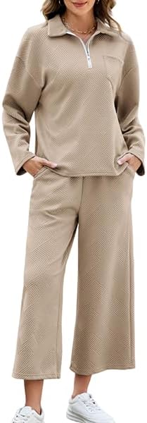 AGSEEM Lounge Sets for Women, Women's 2 Piece Outfits Long Sleeve 1/4 Zip Pullover Cropped Pants 2PC Outfit Comfy Sweatsuits