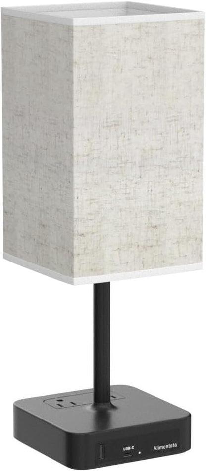 Touch Control Bedside Table Lamp with USB C & USB A Charging Port and 2 AC Outlet, Minimalist LED Desk Light with Charger Base Brown Fabric Shade for Bedroom/Nightstand/Office