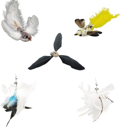 Variety Play Set, 5 Pack Refills for Wand and Fishing Poles, Spring Wires, Door/Wall Hang Ropes. 2 Bird, 2 Feather & Windmill Cat Toys - Bells & Easy Clip-On
