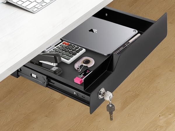 Under Desk Drawer Storage with Lock, Metal Undermount Table Drawer, Ball