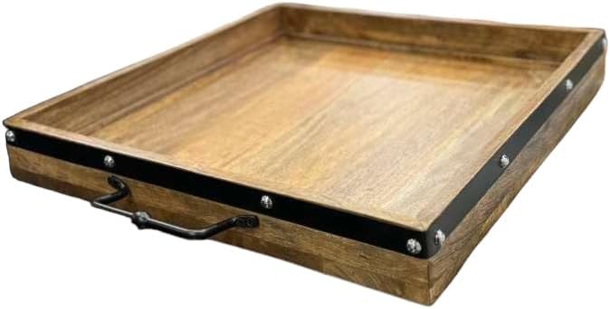 20"x20" Extra Large Square Ottoman Tray, Heavy Duty Mango Wood, for Serving Tea, Breakfast in Bed, Living Room Large Coffee Table Tray Rustic with Farmhouse Style, Decorative Handles and Accent Strap