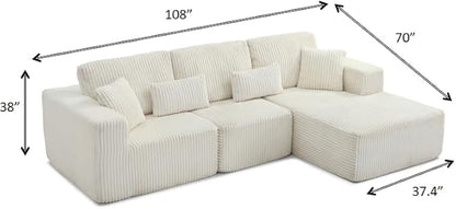 108" Boneless Cloud Sectional Couches for Living Room, Comfy Fluffy L Shaped Memory Foam Deep Seat Boneless Couch, Modular Sectional Sofa with Right Facing Chaise, Beige