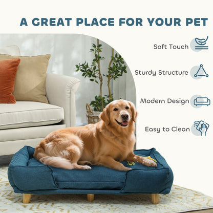 Raised Dog Couch with Comfortable Cushion, Pine Wood Legs, Foot Pads for Large-Sized Dogs Indoor Use, Dark Blue