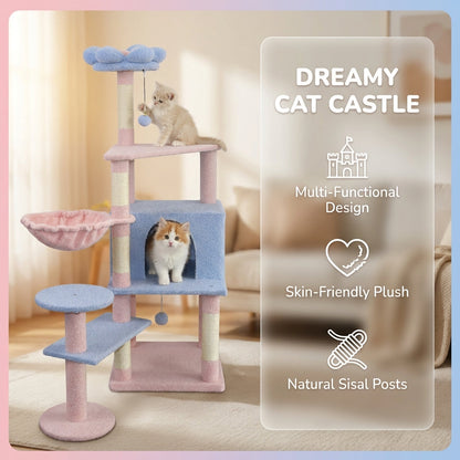flower cat tree with large condo removable flower cushion and hammock blue