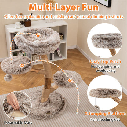 Multi-level Natural Pear Wood Cat Tree, Sisal Scratching Posts, Plush Balls, Long Plush Fabric