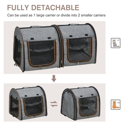 39" Portable Soft-Sided Cat Carrier, Cat Kennel, Travel Dog Crate with Divider, Two Compartments, Soft Cushions & Storage Bag, Easy to Fold, Light Gray