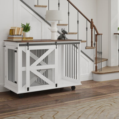 47.2 Mobile Dog Crate With Flip-Top Feeding Door, Dual-Access & 5 Caster System 2 Locking, Side Hooks - Multi-Functional Pet Kennel,double Dog Crate Furniture
