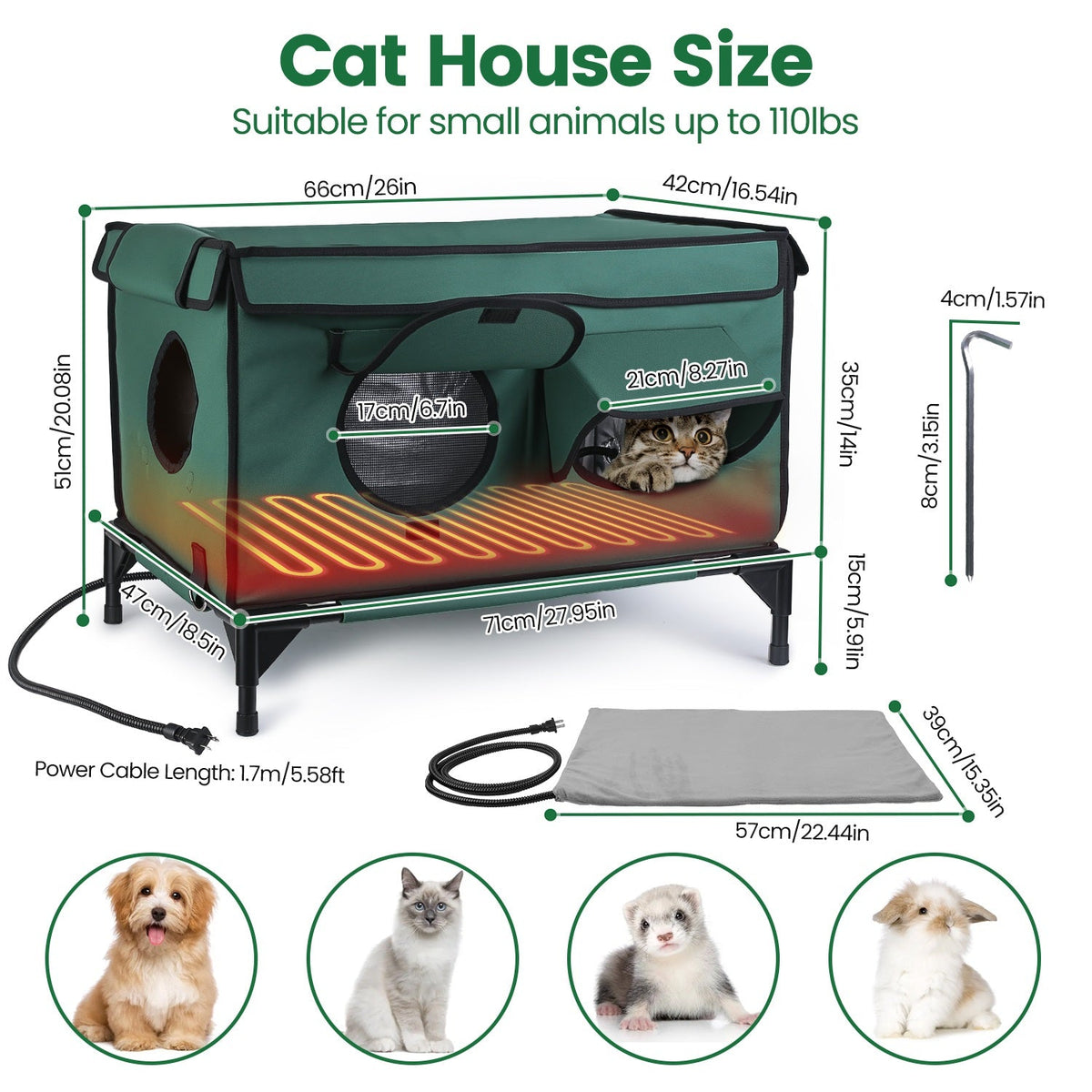 1Pc Waterproof Heated Cat House Outdoor Weatherproof Insulated Kitty Shelter Feral Cat Heating Bed With Heating Pad Anti-Chew Cord 2 Doors 3 Windows For Indoors Outdoors Winter Summer