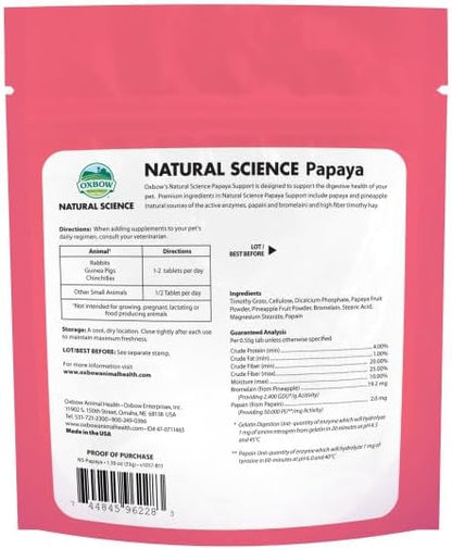 Oxbow Animal Health Papaya Support, High Fiber Digestive Supplement for Rabbit & Guinea Pig, Made with Timothy Hay, Includes Papaya, Pineapple, Papain, & Bromelain, Made in USA, 1.16 oz Bag