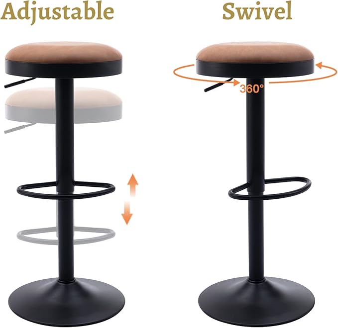 EALSON Modern Swivel Bar Stool Adjustable Counter Height Backless Barstools with Metal Base Leather Upholstered Round Bar Stool Chairs for Kitchen Island/Pub/Breakfast Bar, Brown 1PC