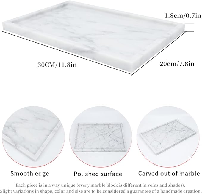 100% Natural Marble Serving Tray Luxury Marble Storage Tray for Home Decor Stone Tray for Bathroom/Kitchen/Vanity/Dresser,Plate Holder for Tissues, Candles, Towel