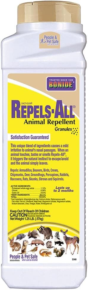 Bonide Repels-All Animal Repellent Granules, 1.25 lbs. Ready-to-Use Pellets Deter Pests from Lawn & Garden, Long Lasting Control
