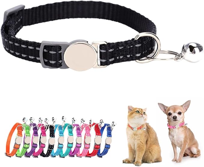 Black Breakaway Dog Collar with Bell, Reflective Puppy Collar Safety Soft Nylon Break Away Cat Collars Adjustable for Xs Small Tiny Pet Little Dogs Kitten, Neck 7-11 Inch