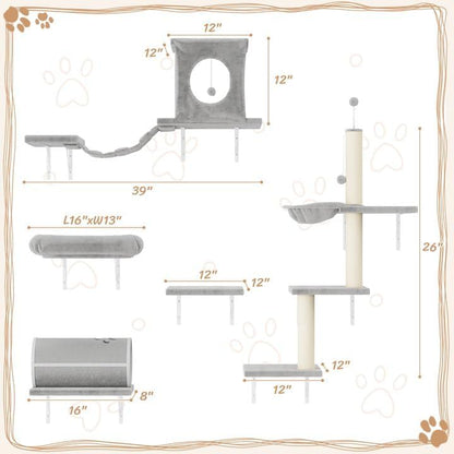 NUNU LAB 7-in-1 Wall Mounted Cat Climber Set, Cat Furniture Set with House, Tunnel, Bridge, Tree, Steps, Scratcher Board, Hammock, Luxury Wall Shelves for Indoor, Gray