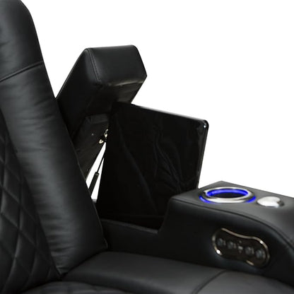 Seatcraft Anthem Home Theater Seating - Italian Leather - Power Recline Loveseat - Center Storage Console - Powered Headrests - Arm Storage - USB Charging - Cup Holders, Black