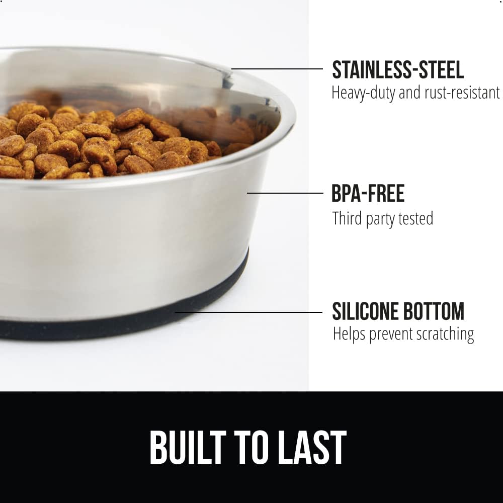 GORILLA GRIP Set of 2 Dog Bowls, Holds 6 Cups (48 fl oz), Heavy Duty Metal Food and Water Bowl for Feeding Dogs and Cats, Dishwasher Safe, Rust Resistant Stainless Steel, BPA Free Rubber Base, Black