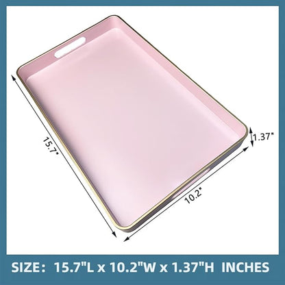Pink Coffee Table Tray, Decorative Serving Tray with Handles, Plastic Rectangular Tray for Ottoman, Bathroom, Living Room. 15.7"*10.2"
