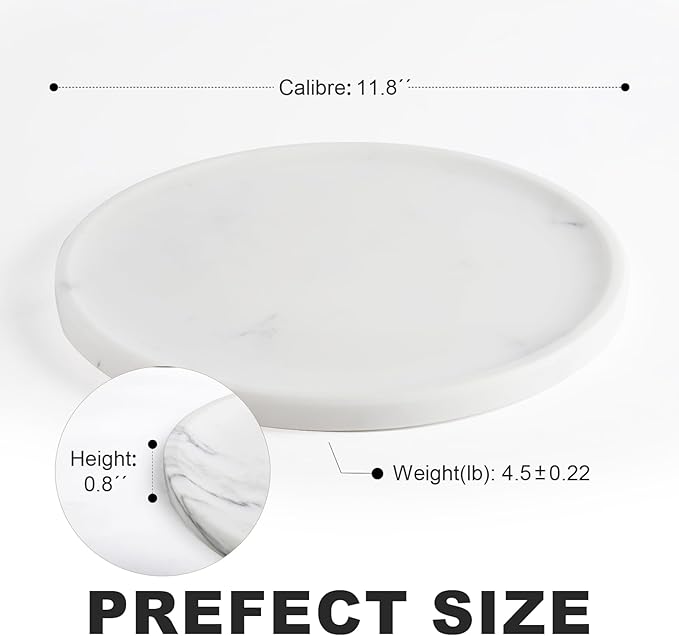 Marble Tray, White Bathroom Countertop, Decorative Serving Tray for Kitchen Counter and Coffee Table, Round Vanity Trays for Skincare and Perfume, Italian Statuario Natural Marble, 11.8
