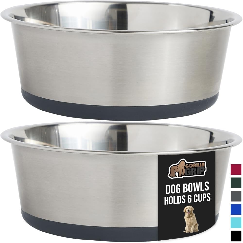 GORILLA GRIP Set of 2 Dog Bowls, Holds 6 Cups (48 fl oz), Heavy Duty Metal Food and Water Bowl for Feeding Dogs and Cats, Dishwasher Safe, Rust Resistant Stainless Steel, BPA Free Rubber Base, Gray