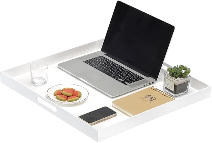 Glossy White Sturdy Acrylic Serving Tray with Handles-24x24Inch-Serving Coffee,Appetizer,Breakfast,Butler-Kitchen Countertop Tray-Makeup Drawer Organizer-Vanity Table,Ottoman Tray-Decorative