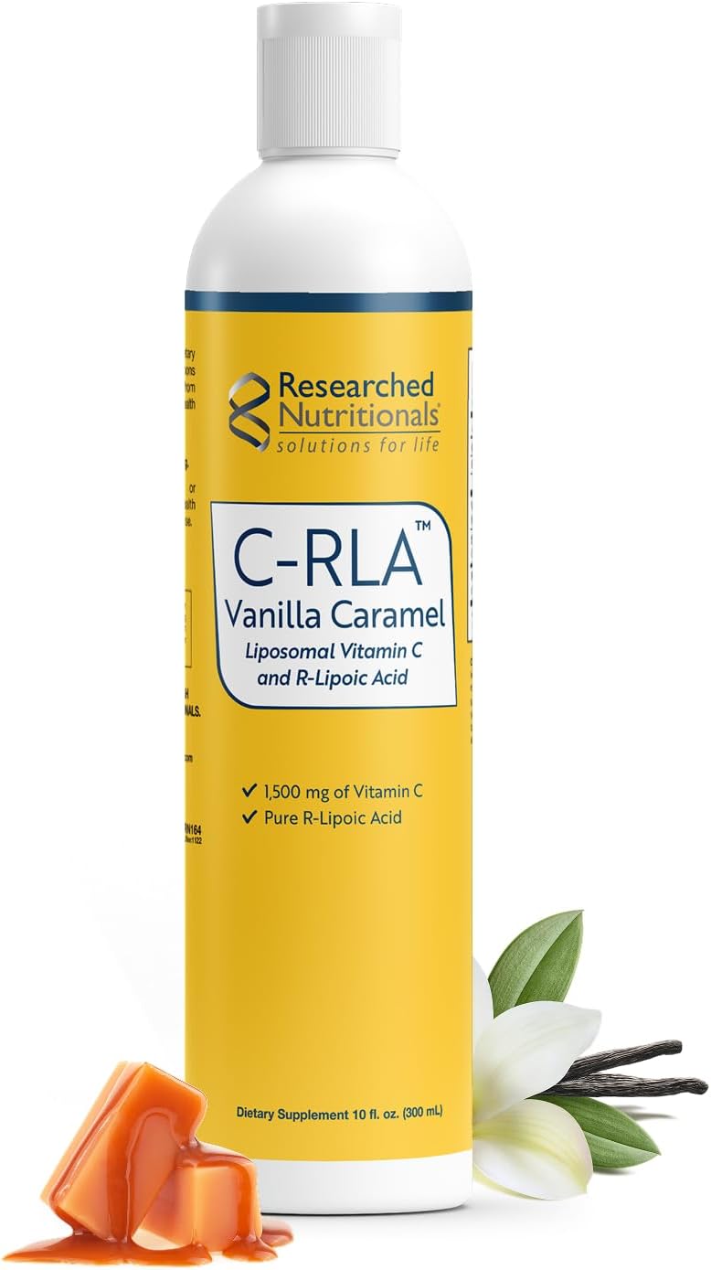 Researched Nutritionals C-RLA - Liposomal Vitamin C with R Lipoic Acid to Support Detox - Vegan & Soy-Free Vitamin C Liquid, Vanilla Caramel Flavor (10 Fl Oz)
