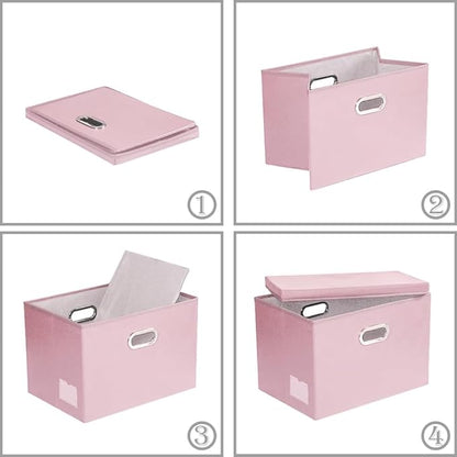 PRANDOM Foldable Storage Bins with Lids [5-Pack] Leather Fabric Collapsible Storage Boxes Organizer Containers Baskets Cube with Cover for Bedroom Closet Office Nursery Pink (14.9x10.8x10)