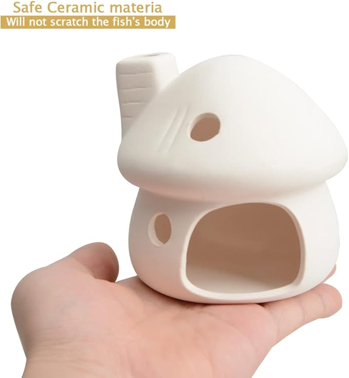 AnRui Natural Fish Tank Decortation Cute Mushroom Ceramic Aquarium Decor Small House Betta Cave Hideout Ornament Accessories for Small Fish, Shrimp, White