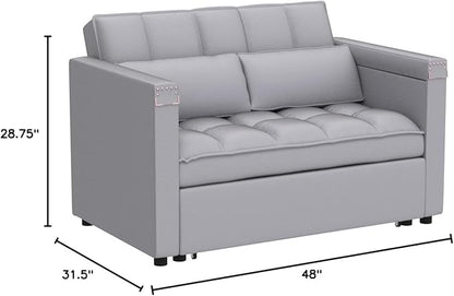 ORRD Convertible Sofa Bed,3-in-1 Multi-Functional Velvet Sleeper Couch Pull-Out 48'' Loveseat Bed Chaise Lounge with Adjustable Backrest and Pillows,Hidden Side Table for Living Room,Small Space Grey