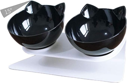 Luck Dawn Double Elevated Cat Bowls with Raised Stand, 15 Tilted cat Bowl Design Neck Guard Stand Raised Pet Food Water Feeder Bowl for Cats or Small Dogs