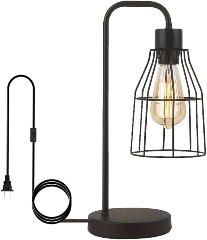 Industrial Vintage Table Lamp with Plug-in Cord Switch, Black Farmhouse Table Lamp with Metal Cage Shade, E26 Base Edison Bedroom Nightstand Light for Bedside, Office, Living Room