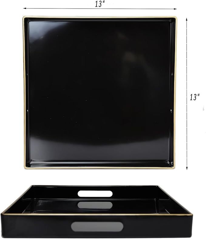 Spsyrine Black Decorative Tray for Living Room, Square Modern Plastic Coffee Serving Table Tray for Ottoman Bathroom Kitchen, 13"*13"