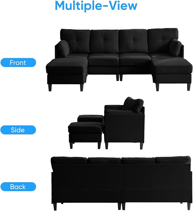 PUREMIND Sectional Couches for Living Room, Modern Snow Velvet U-Shaped Sofa Couch with Double Chaise, Upholstered 4 Seater Home Sofa for Living Room, Apartment, Office, Black