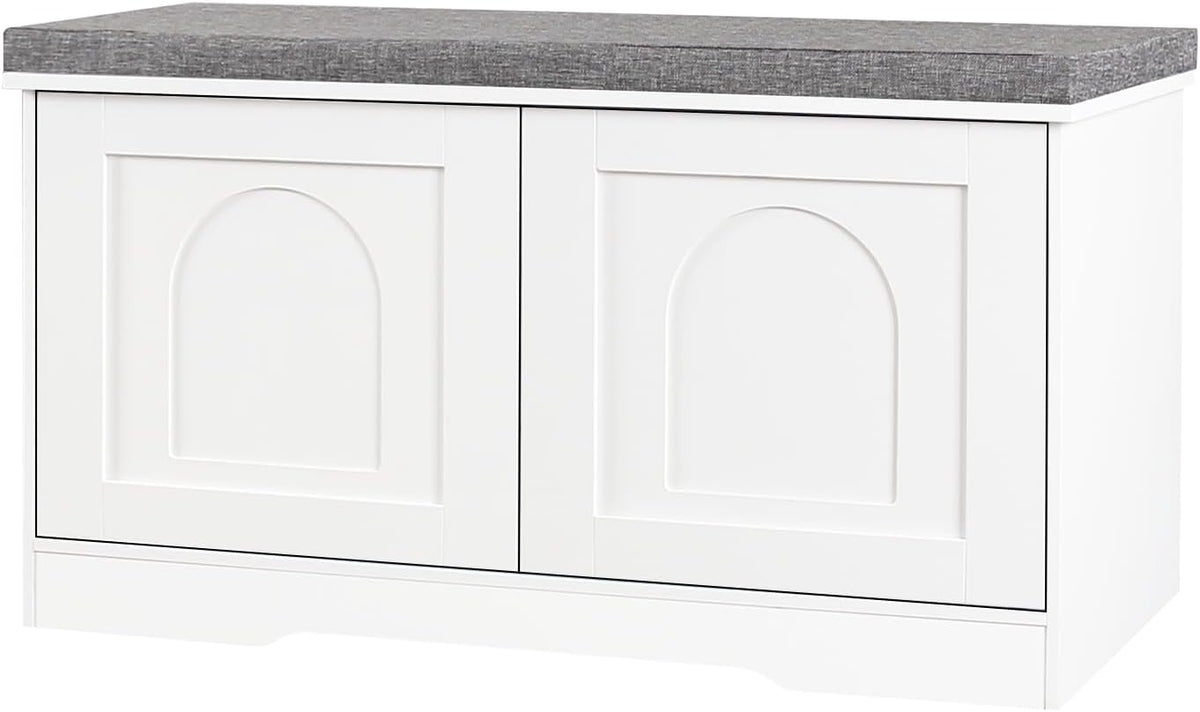 DINZI LVJ Shoe Bench, Entryway Storage Bench with Doors, Cushion, 2-Tier Shoe Rack with 6-Cubby, 31.5”L x 13.8”W Shoe Organizer Cabinet, Adjustable Shelf, Living Room, Bedroom, White